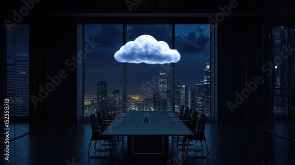 Fototapeta Night cityscape view from a dark, modern conference room, featuring a luminous cloud symbol hovering above a long table