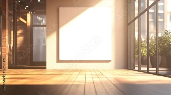 Fototapeta Sunlit interior showcasing a blank canvas on a wall, hardwood floors, and large windows overlooking a cityscape