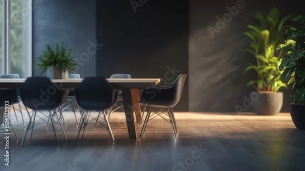 Fototapeta Modern minimalist dining room with a long wooden table, dark-colored chairs, and potted plants, bathed in warm, natural light streaming from a window