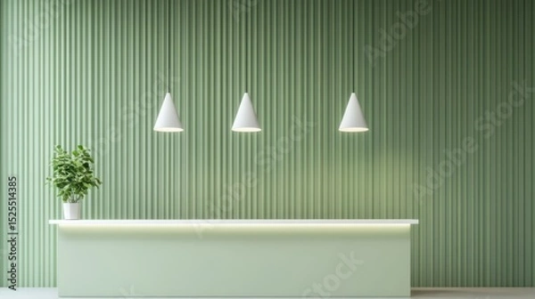Fototapeta Minimalist reception area with pale green fluted wall, white counter, and three pendant lights