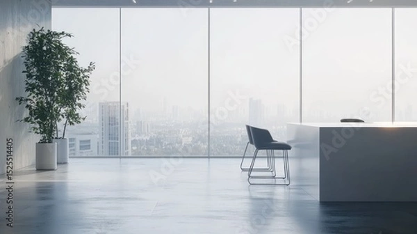 Fototapeta An empty office interior with large windows, overlooking a cityscape, and a modern, minimalist design