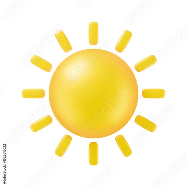 Fototapeta Glossy yellow sun sphere ball icon with sunbeam in realistic 3d soft style isolated on white background. Vector of sun summer object for weather mobile UI app, web design button, sale banner or poster