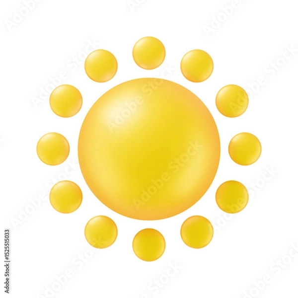 Fototapeta Glossy yellow sun sphere ball icon with sunbeam in realistic 3d soft style isolated on white background. Vector of sun summer object for weather mobile UI app, web design button, sale banner or poster