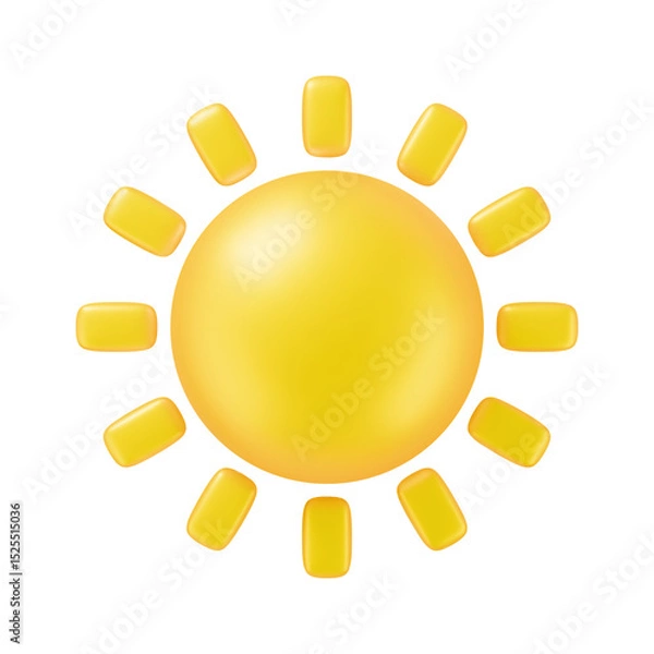 Fototapeta Glossy yellow sun sphere ball icon with sunbeam in realistic 3d soft style isolated on white background. Vector of sun summer object for weather mobile UI app, web design button, sale banner or poster