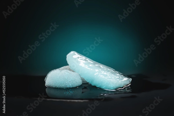 Obraz Ice melting. Melting ice chunks on dark background. Colored backlight. Selective focus