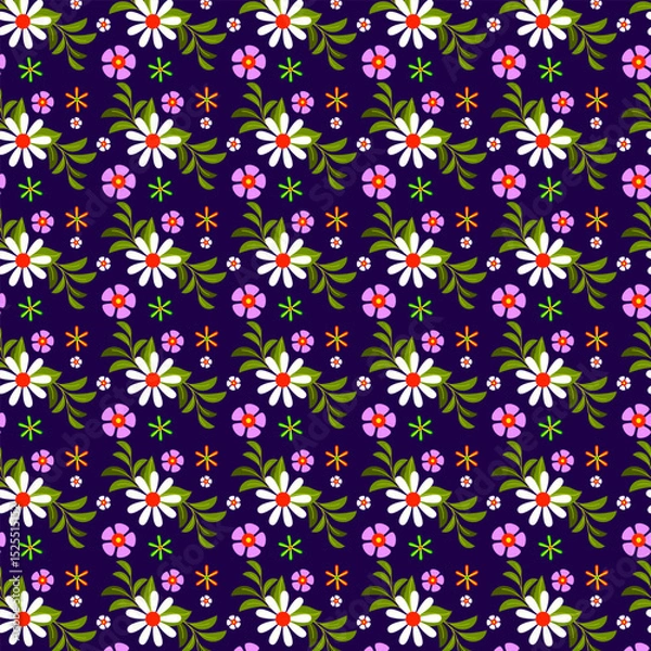 Fototapeta Seamless Hand-Drawn Floral Pattern Design with Vintage Botanical Flowers and Leaves – Elegant Repeating Background for Fabric, Wallpaper, Textile, and Surface Decoration