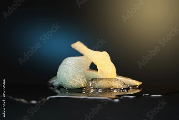 Obraz Ice melting. Pieces of melting ice on a dark background. Colored backlight. Selective focus