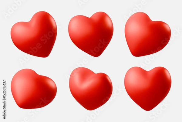 Fototapeta Set of red realistic 3D hearts icon in different angles isolated on white background. Perfect for romantic Valentines Day, Mother day, Wedding or Birthday greeting card Vector illustration love symbol