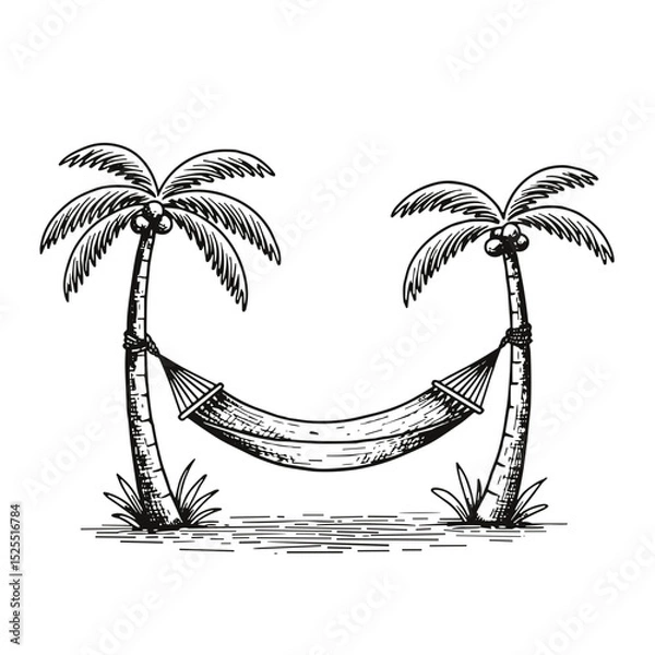 Fototapeta Hand-drawn hammock between palm trees for relaxation and tropical getaway illustration