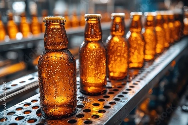 Fototapeta Colorful glass bottles of beverages arranged on a production line