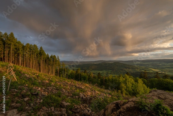 Fototapeta Spring sunset view from hill Svatobor near town Susice in south west Bohemia