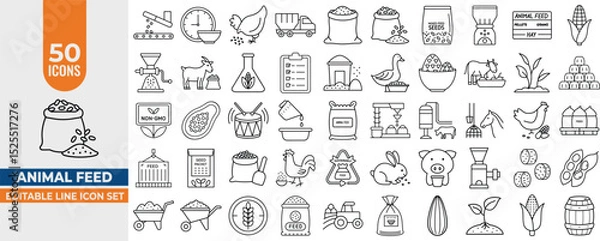 Fototapeta 50 Editable Line Icons – Animal Feed, Farmyard, Feed Production, Corn, Pellets, Seeds & Fodder. Vector Illustrations for Agriculture & Farming