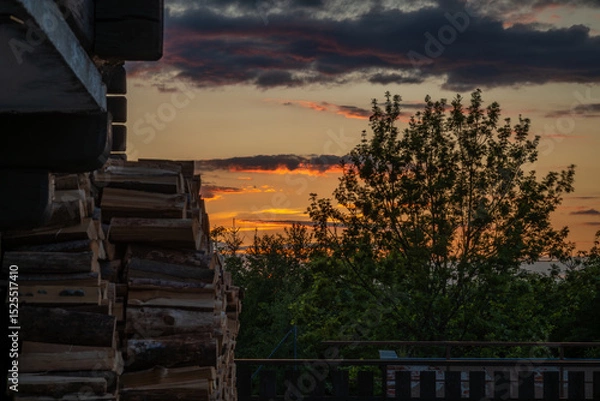 Fototapeta Spring sunset view for wooden house on hill Svatobor in south west Bohemia