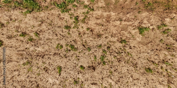 Fototapeta top view of gravel road surface and grass shoulder