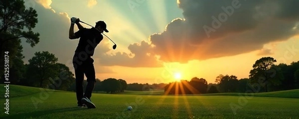 Fototapeta A silhouette of a golfer, clad in black, powerfully drives a golf ball across a lush green fairway under a dramatic sky The image captures the intensity and elegance of the sport , skill, mystery