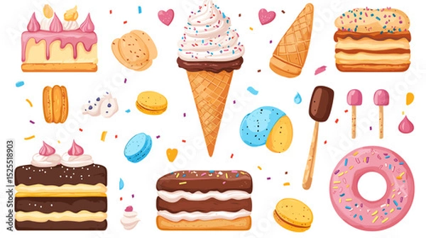 Fototapeta A flat vector cartoon dessert set showing layered cake ice cream cone macaron stack and sprinkled donut on white background no shading no gradients
