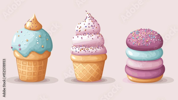 Fototapeta A flat vector cartoon dessert set showing layered cake ice cream cone macaron stack and sprinkled donut on white background no shading no gradients