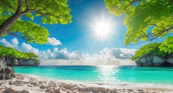 Fototapeta Tropical beach scene with clear turquoise water, white sandy shore, lush green trees, and bright sun shining in a blue sky with clouds.