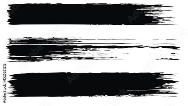 Fototapeta Three horizontal black brush strokes with varying textures and densities on a white background