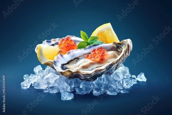Fototapeta Oysters with caviar and lemon on ice culinary indulgence food photography gourmet close-up luxury dining