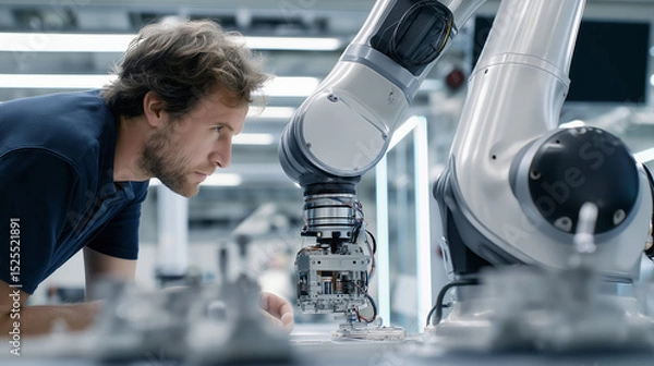 Fototapeta A male engineer working closely with a robotic arm in a high-tech lab.