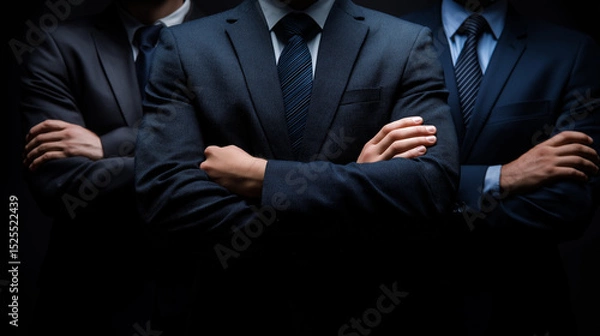 Obraz Three men in dark suits standing side by side, partially lit in a dramatic setting.
