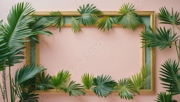 Fototapeta A frame surrounded by green palm leaves on a pink background.