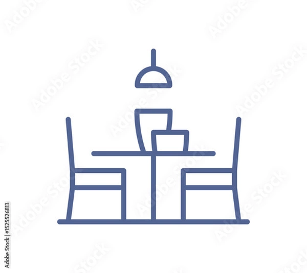 Fototapeta Dining table icon, minimal furniture symbol, empty restaurant setting, chair and lamp outline, cafe interior element, simple seat layout, line drawing decor flat vector illustration.