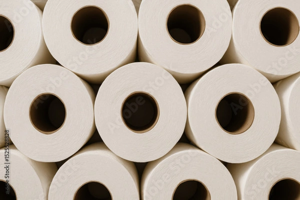 Obraz A close-up overhead shot reveals a tightly arranged stack of white toilet paper rolls, their cardboard inner cores visible. The uniform arrangement creates a clean, almost geometric pattern.