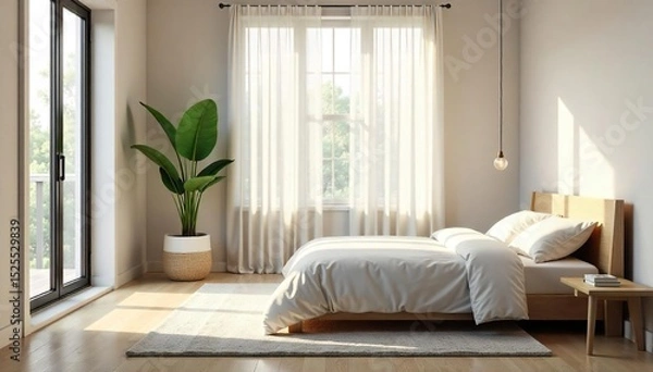 Fototapeta A serene bedroom with a single plant, minimalist furniture, and soft natural light streaming through a window The room is uncluttered and evokes a feeling of calm and tranquility , bed, comfort