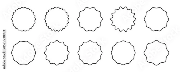 Fototapeta Set of ten round wavy frames with black contour. Decorative circular shapes for design and print. Minimalist outline template for creative layout and label elements. Vector illustration