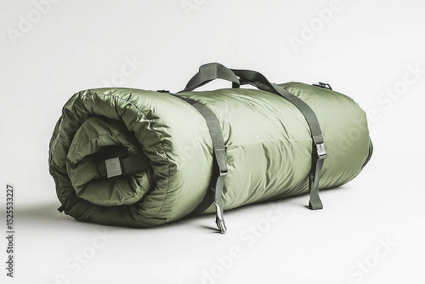 Fototapeta Green sleeping bag rolled up in a bag with straps to carry. Rolled khaki inflatable camping bed isolated on white. Sports, Recreations, Objects.
