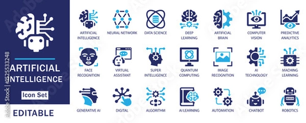 Fototapeta Artificial Intelligence Icon Set – Editable flat vector icons representing AI, machine learning, neural networks, robotics, automation, and data science. Ideal for web, app,  