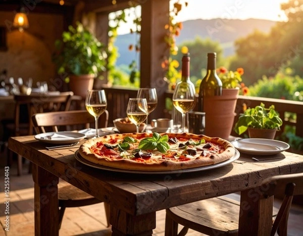 Fototapeta Pizza géante dans un plat déposé sur une table de terrasse ombragée. Generated image