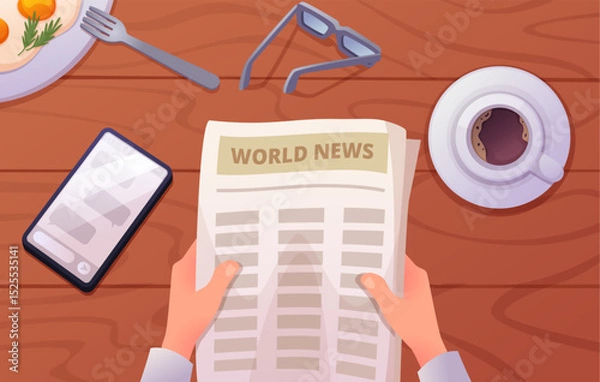Obraz 2505.m20.i406.n025.S.c15.Morning news. Top view for businessman hands holding newspaper pages exact vector business concept