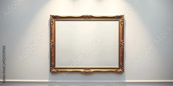 Fototapeta Ornate gold picture frame hanging on a white wall with spotlights shining from above centered view