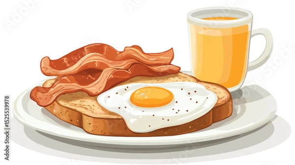 Fototapeta A flat vector cartoon breakfast scene featuring sunny side up eggs bacon toast coffee cup and orange juice on white background no shading no gradients