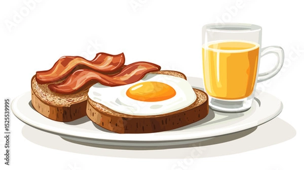Fototapeta A flat vector cartoon breakfast scene featuring sunny side up eggs bacon toast coffee cup and orange juice on white background no shading no gradients