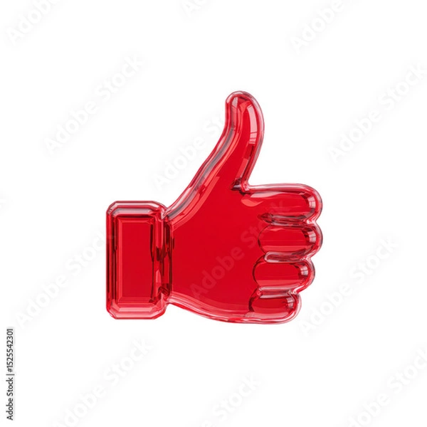 Fototapeta Red glass like thumbs up symbol on transparent background, conveying approval or positivity. glossy finish adds modern and sleek touch to design