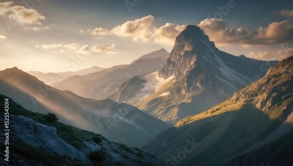Fototapeta Mountain landscape during sunset with dramatic lighting and shadows over peaks and valleys. Nature, scenery, and tranquility.