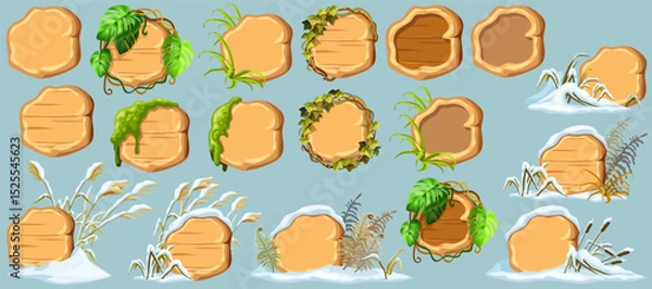 Obraz Cartoon game panels with swamp moss, forest lichen, liana branches, jungle leaves, ivy. Marsh reed under snow. Swamp cattails, fern winter. Broken weed and snowdrifts. Vector signboards, frames.