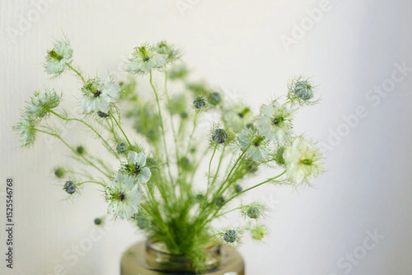 Fototapeta a bouquet of daisies in a glass vase stands on a table on a white background, depth of field, side effect, defocus, macrophotography, bokeh