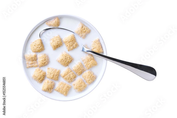 Fototapeta bowl with corn pillows with milk isolated on white background. Top view.
