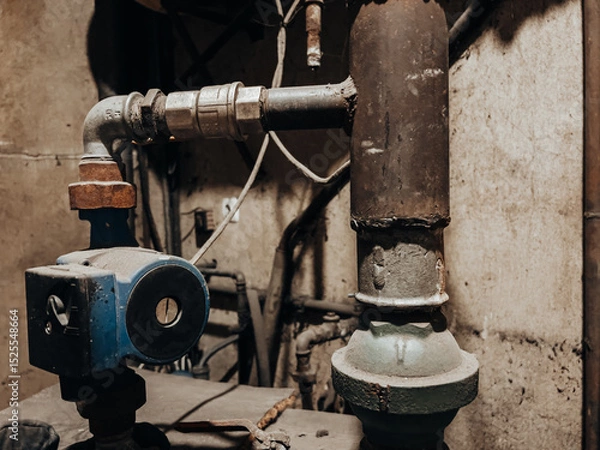 Obraz Old, dusty hydraulic system with pipes and pump in the basement, ready for maintenance or repair.