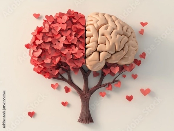 Obraz Concept of brain and heart in unity, symbolizing the balance of mental and emotional health. Illustration with red leaves and hearts.
