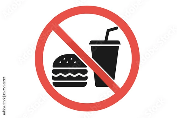 Fototapeta A sign prohibiting food and drink, represented by a red circle with a black center, isolated on a white background as a vector illustration