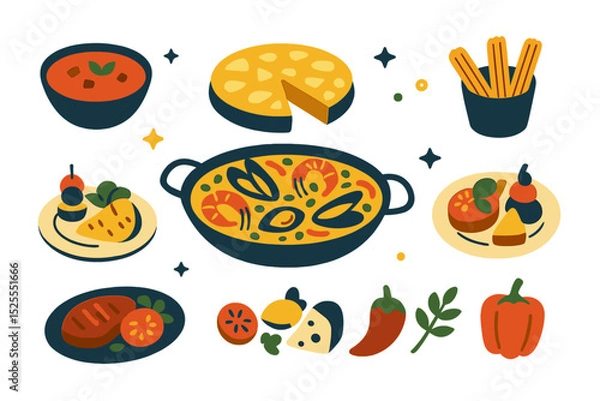 Fototapeta Vector illustration of a bundle of traditional Spanish meals, including paella, gazpacho, tortilla, churros, tapas, and an assortment of meat and vegetable dishes, in a flat cartoon design