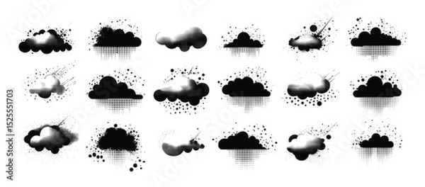 Obraz Clouds with distortion black ink vector set. Sky fluid puffs motion soft swirls digital atmosphere trippy effect vaporwave style surrealism hazy glow cosmic flowing forms, monochrome isolated art