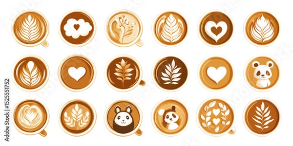 Obraz Coffee cups creamy foam latte art cartoon vector set. Heart bear panda shapes leaf swirl patterns rosette cappuccino sketches steamed milk artistic toppings rustic caffeine beans brew mugs isolated