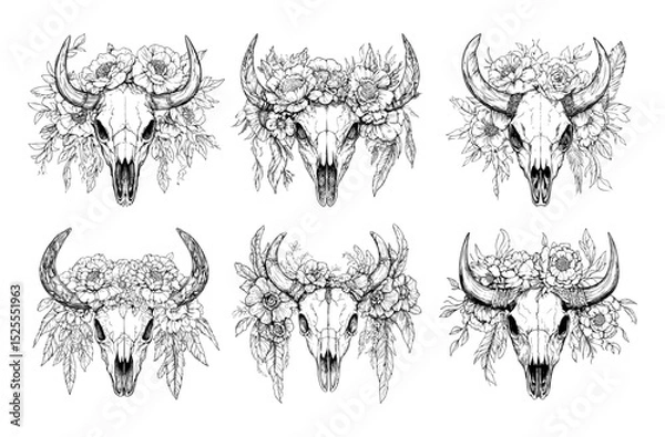 Obraz Cow skull floral arrangement black ink sketch vector set. Bull bone horns boho dried flowers southwestern wild blossoms natural cattle remain head earthy western symbol, isolated on white background